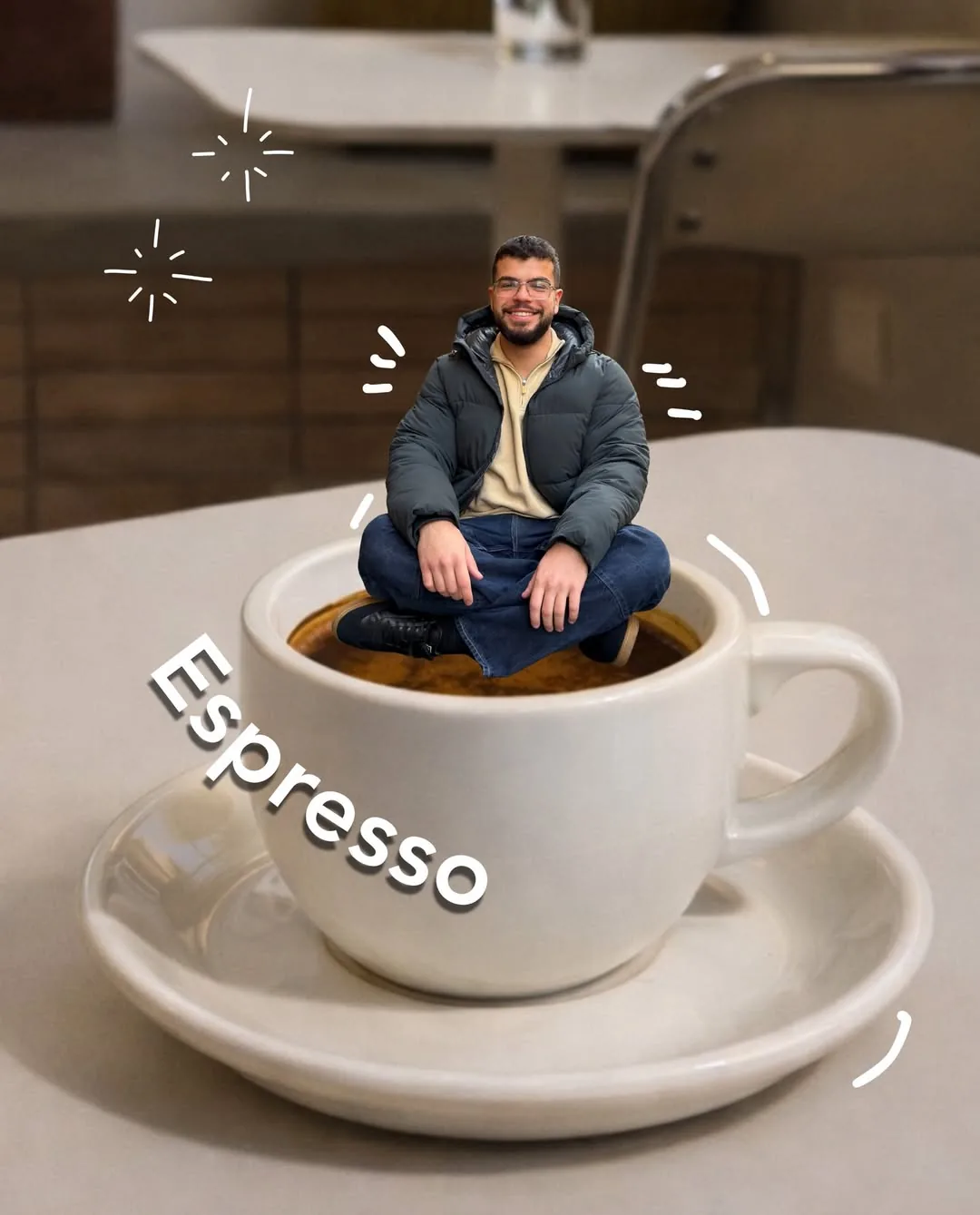 A Brio Coffee barista sitting cross-legged in an oversized white espresso cup on the counter, smiling at the camera